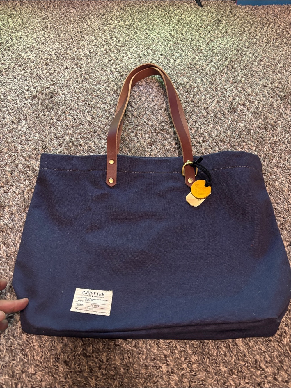 R. Riveter East/West Canvas Tote Market Handbag Navy Blue leather straps boho